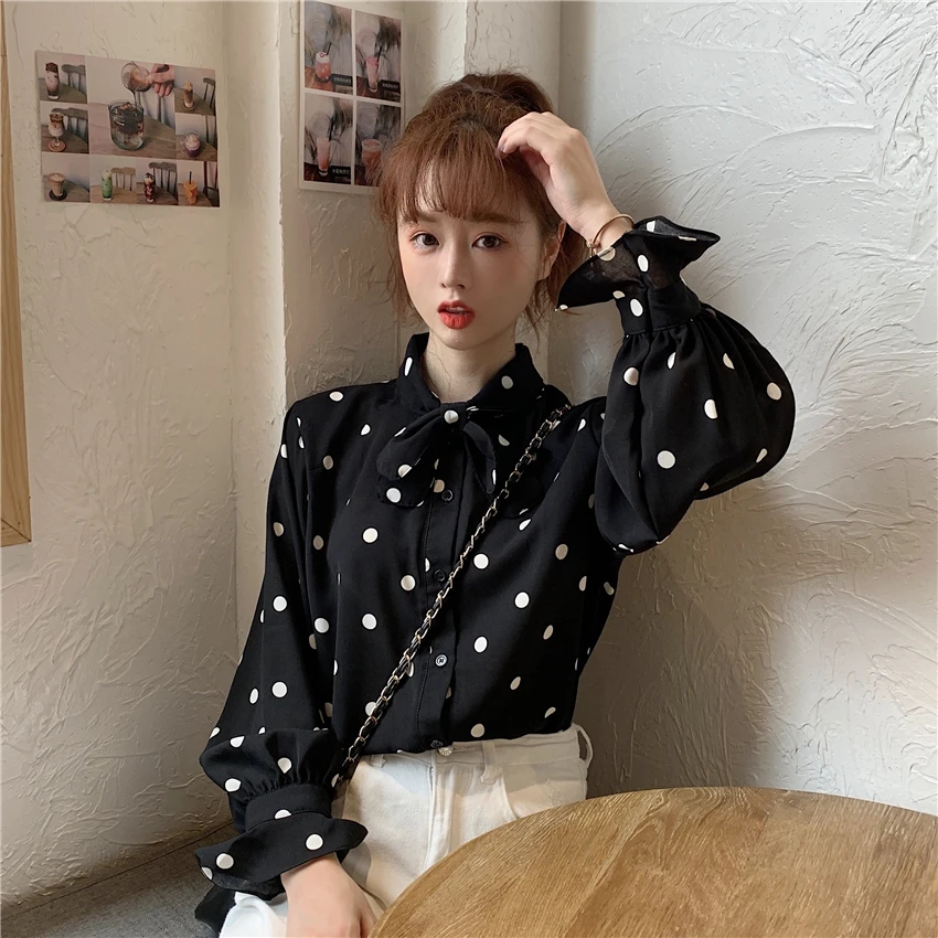 

sweet full polka dot bow Spring and autumn shirts high quality Women's Clothing Korean style fashion tops vetement femme hot