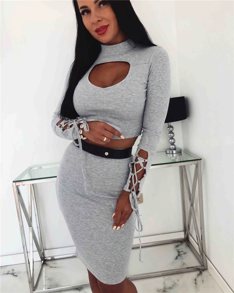 Осенний однотонный Повседневный трикотажный комплект из двух предметов Adogirl 2019