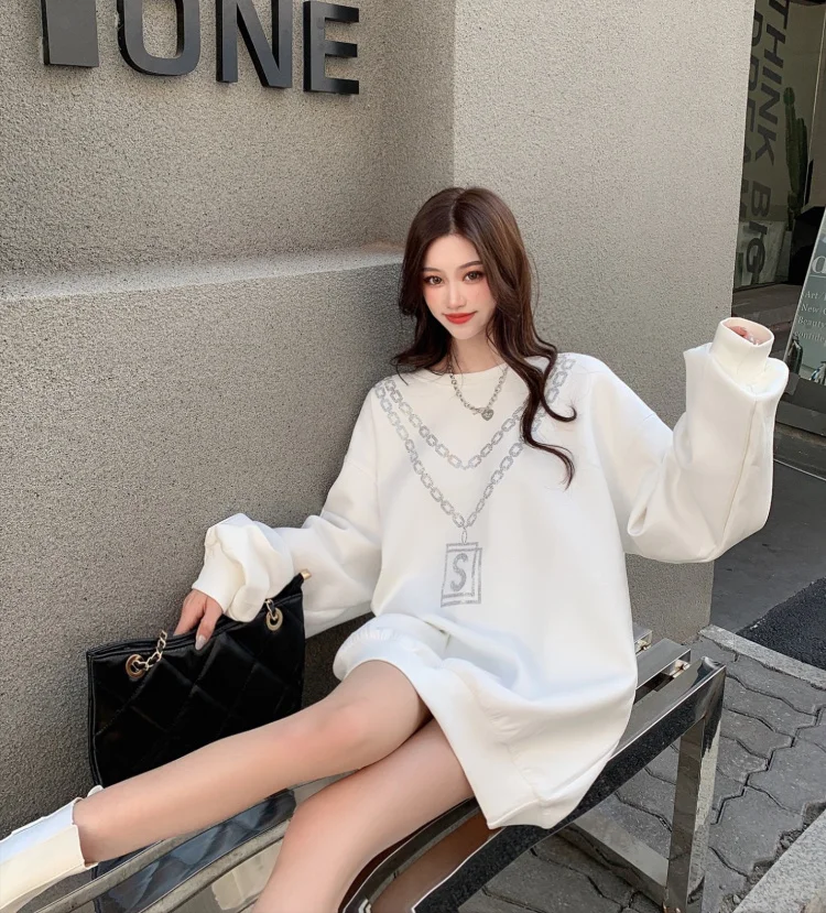 

PX897 2021new Design sense hot drilling round neck plus velvet thickening loose mid-length Sweatshirts
