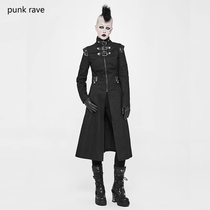 PUNK RAVE Steampunk Rock Black long women jacket coat Gothic Fashion Handsome Motorcycle Military Women Long Coat | Женская одежда