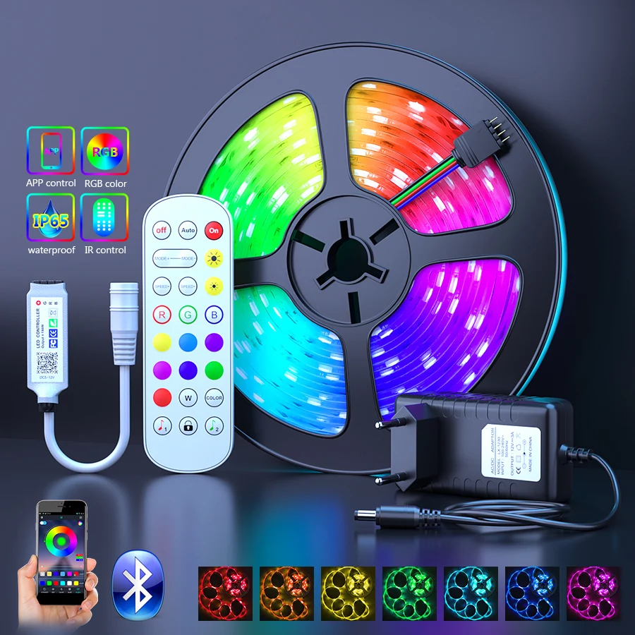 

2835 SMD 5050 RGB LED Strip Light 5m 10M LED Lights String tape LED diode lamp flexible Bluetooth controller DC 12V adapter set