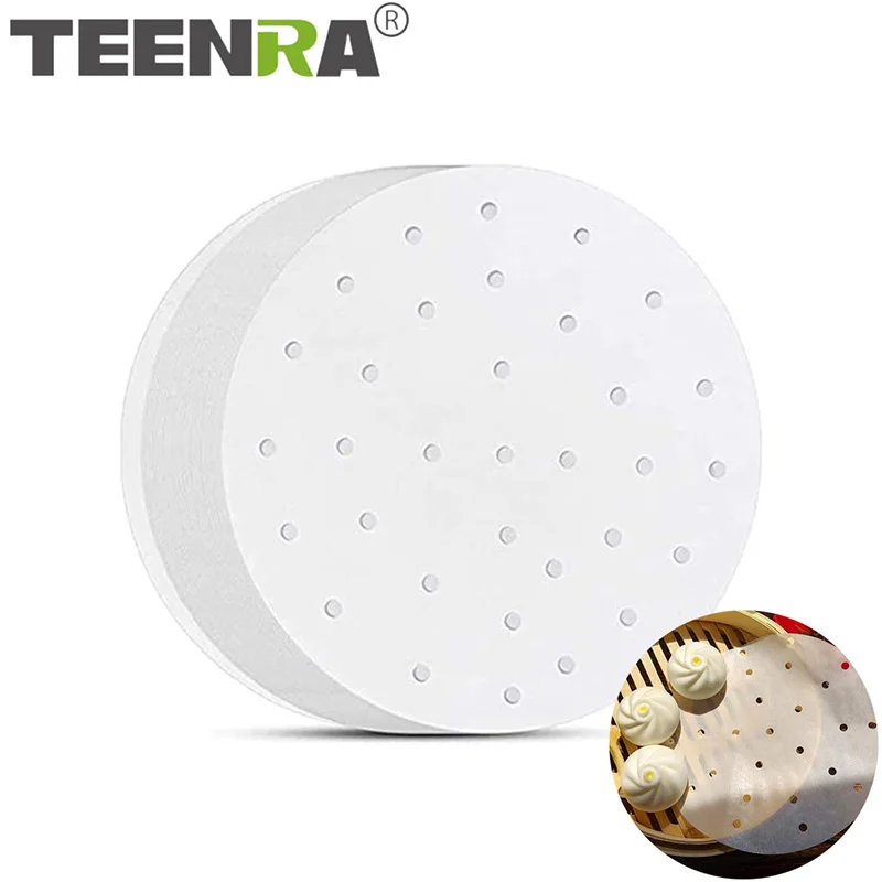 

TEENRA 100Pcs Air Fryer Steamer Liners Perforated Wood Pulp Air Fryer Parchment Paper Non-stick Steaming Basket Mat Baking Tools