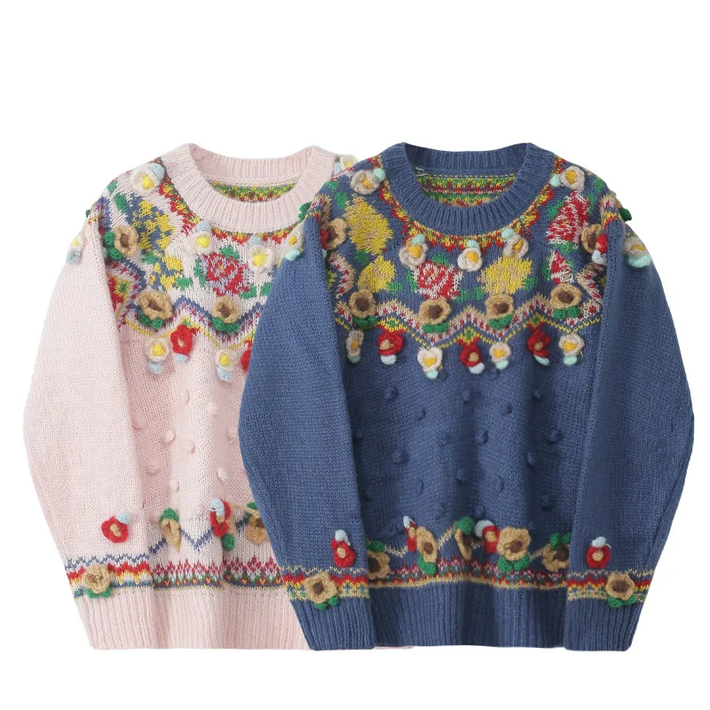 

Jastie Winter Women's Handmade Knitted Sweaters French Vintage Outerwear Flowers Embroidery Long Sleeve Lazy Wind Pullovers