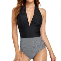 black one piece women swimsuit plunge neck tummy control swimwear halter bandage beach bathing suit sexy backless monokini 2022