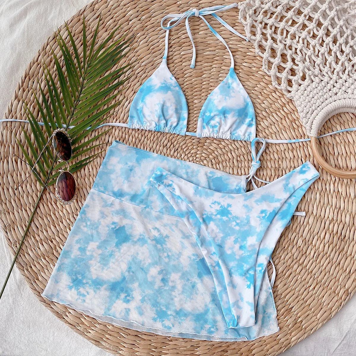 

XMTOPYE Sexy Tie Dye Bikini 3 Piece Halter Swimsuit String Pink Brazilian Bathing Suit Swimwear Low Waist Swimming Suit Women