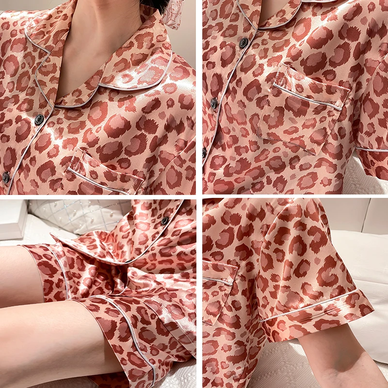 CAIYIER New Pink Leopard Grain Nightwear Women Silk Satin Pajamas Set Sexy Lingerie Sleepwear Summer Soft Female Party Homewear