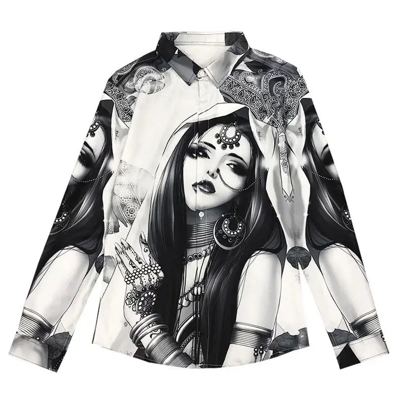Men's long-sleeved shirts, button-down collar shirts, casual printed beauties pattern tops  mens fashion clothing trends shirts