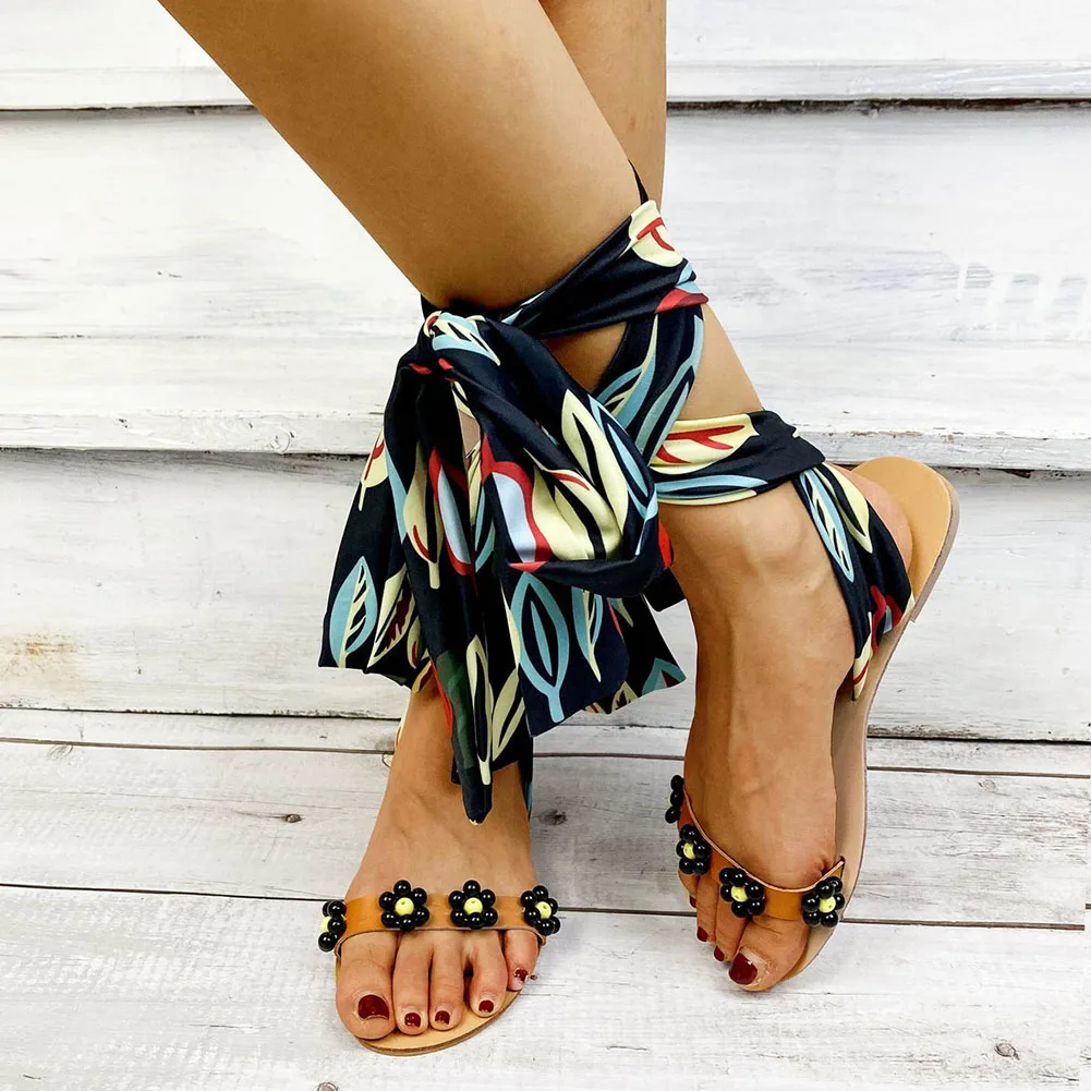 

WDHKUN Leisure Fashion Drop Shipping on Sale Shoes Vintage Flower Lace-up Flat with Gladiator Retro Women Sandals Mul-ticolor
