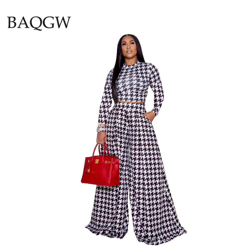 

Houndstooth Print Fashion Women Two Piece Set Autum High Waist Wide Leg Pants Casual Full Sleeve Cropped Top Female 2pc Outfits