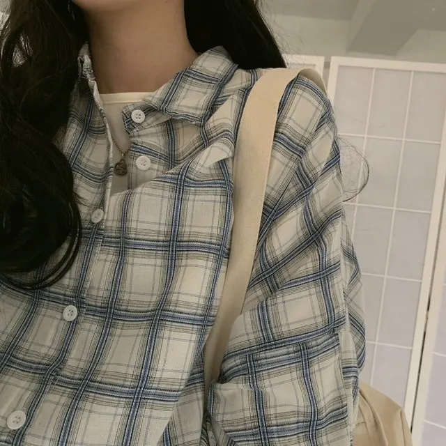 

plus size Turn Down Collar White Shirt Button Up Casual Tops Oversized New Arrival Women Vintage Plaid Blouse Lantern Sleeve