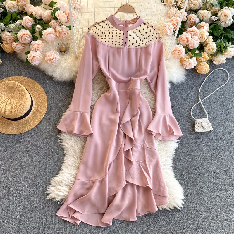 

2021 New Ruffles Mermaid Vestidos Female Round Neck Flared Sleeves Polka Dot Mesh Patchwork Fishtail Midi Dresses For Women