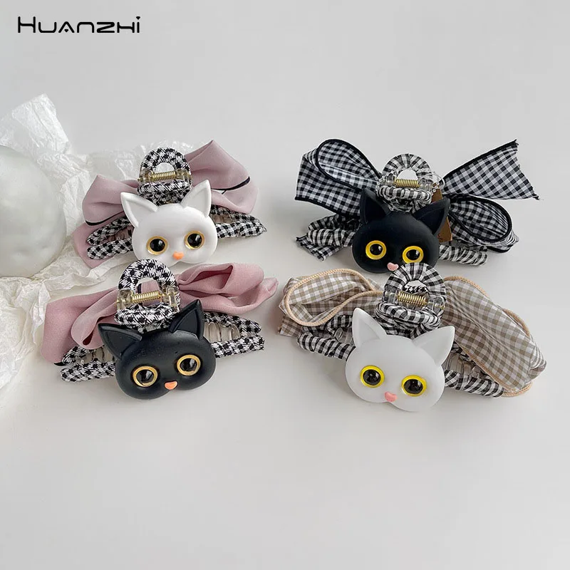 

HUANZHI 2021 Korean Trendy Kitty Hairpin Double-Sided Design Bow Hair Clip Barrette for Women Girls Autumn Winter Party Jewelry