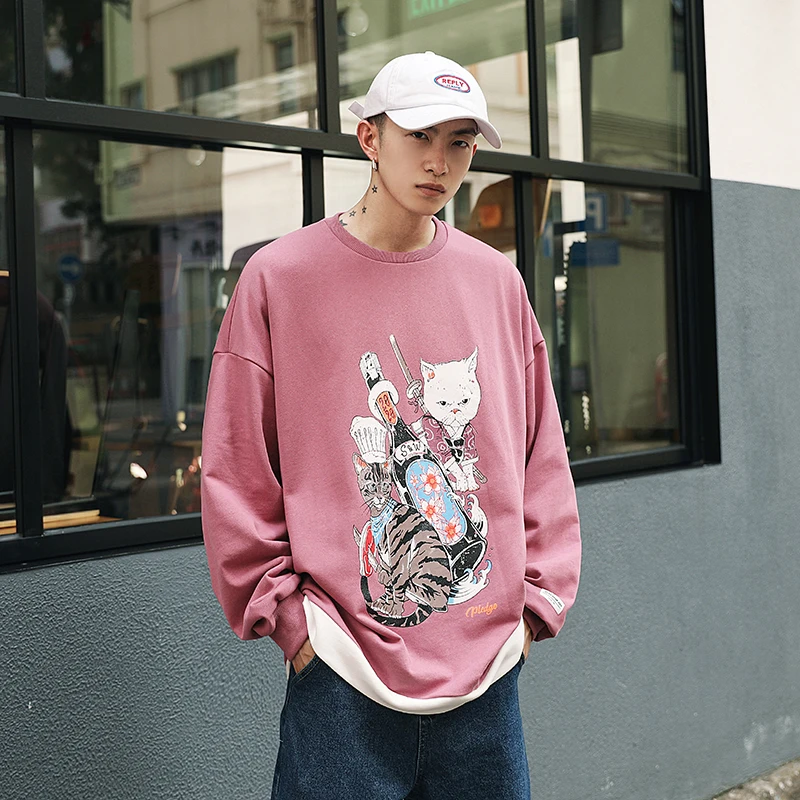 LAPPSTER мужские толстовки Harajuku негабаритных кошек осенние мужские японские уличные черные толстовки мужские забавные хлопковые толстовки с принтом - Цвет: Cat Pink