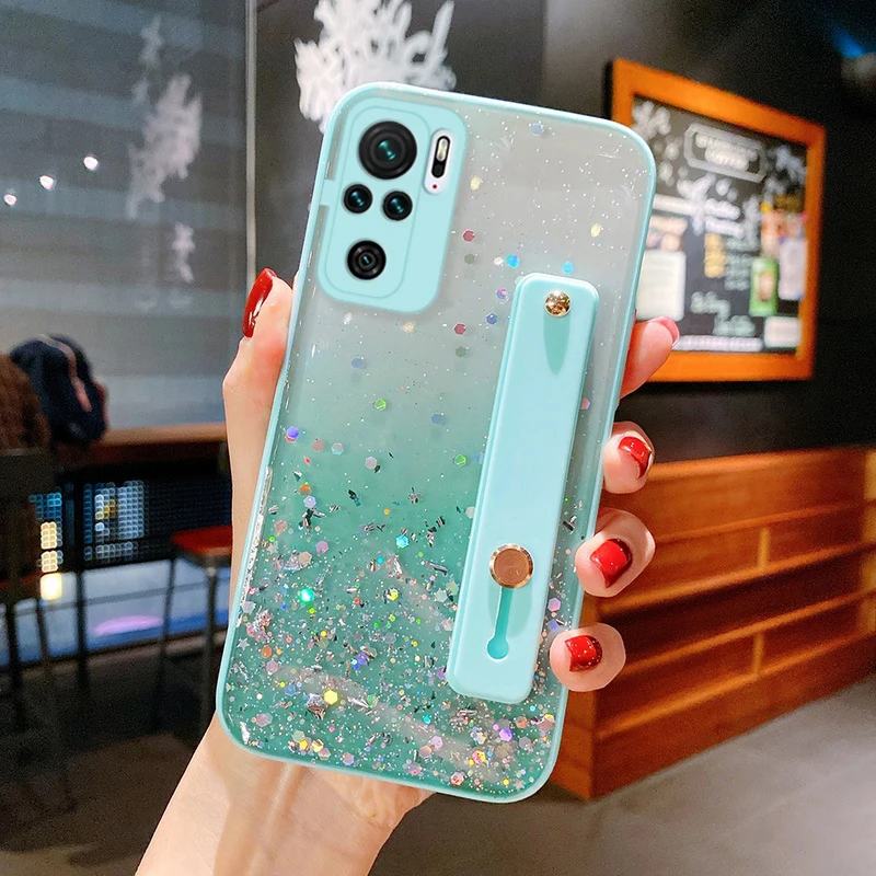 

Bling Glitter Star Clear Phone Case For Xiaomi Poco M4 Pro 5G X3 NFC F3 M3 Wrist Strap Stand Holder Cover For Pocophone X3 Case