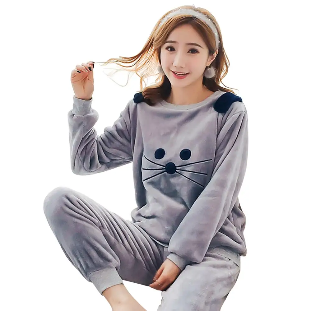 2pcs Autumn Winter Women Thin Flannel Women Pajama Set Pullover Thick Coral Velvet Long Sleeve Cartoon Homewear Dropshipping - Цвет: as picture