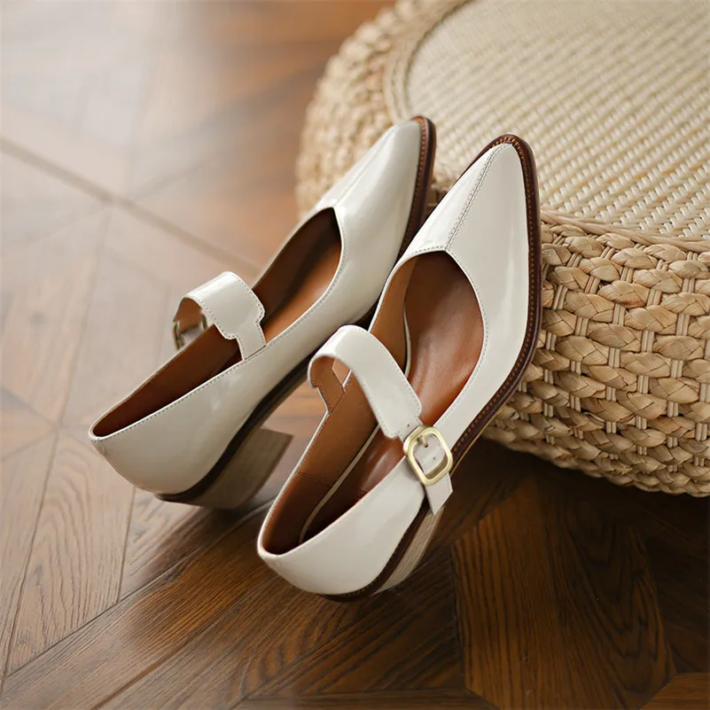 

ANNYMOLI Genuine Leather High Heels Women Mary Janes Shoes Buckle Pointed Toe Pumps Chunky Heel Shoes Ladies Footwear Wine Red