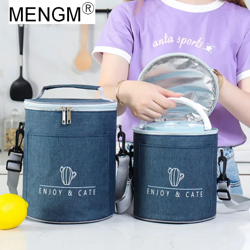 

MENGM Lunch Bag Round Box Portable Insulated Bag Thermal Food Picnic Bags Oxford Waterproof Crossbody Bag Handbag Zippers