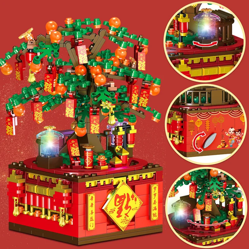 

WM Creator Expert Music Box Chinese New Year Gifts Fortune Tree With Light Building Blocks Bricks Creator Toys For Children Gift