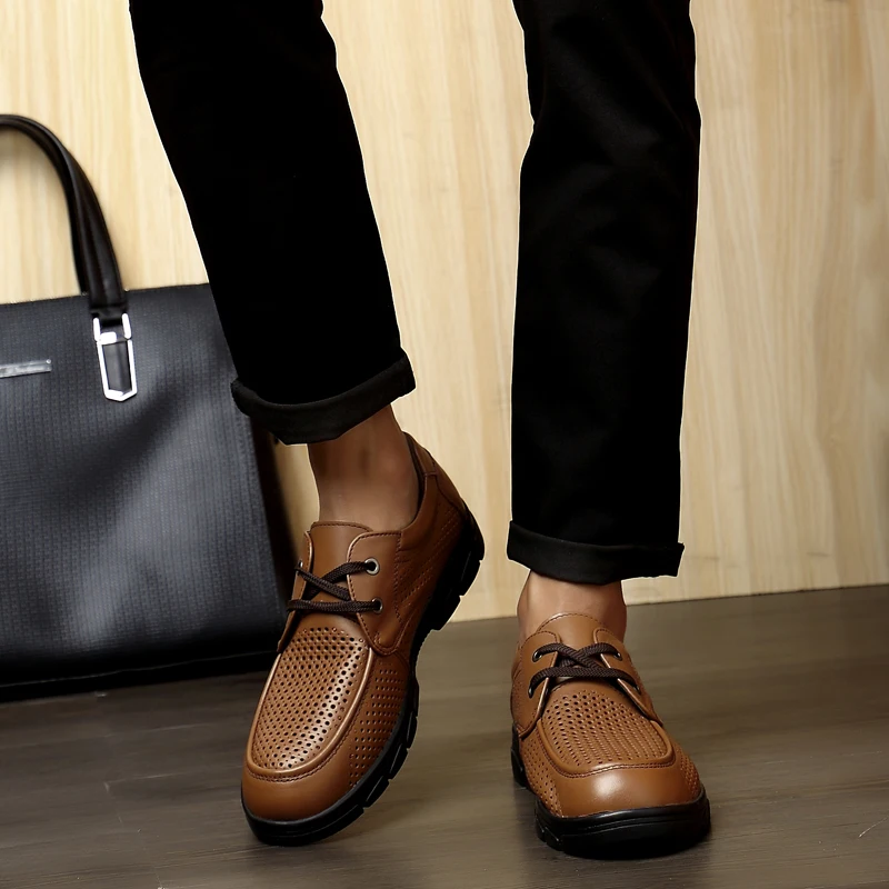 New 2021 Men Casual Shoes Genuine Leather Summer Breathable Holes Luxury Brand Business Flat for Dress Office Flats |