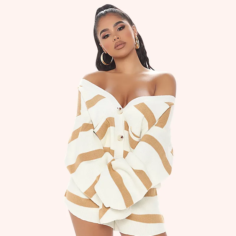

Womenâ€™s Two Piece Outfits Long Sleeve V Neck Striped Button Down Cardigan and Shorts Set Vintage Outfits Autumn Elegant Ladies