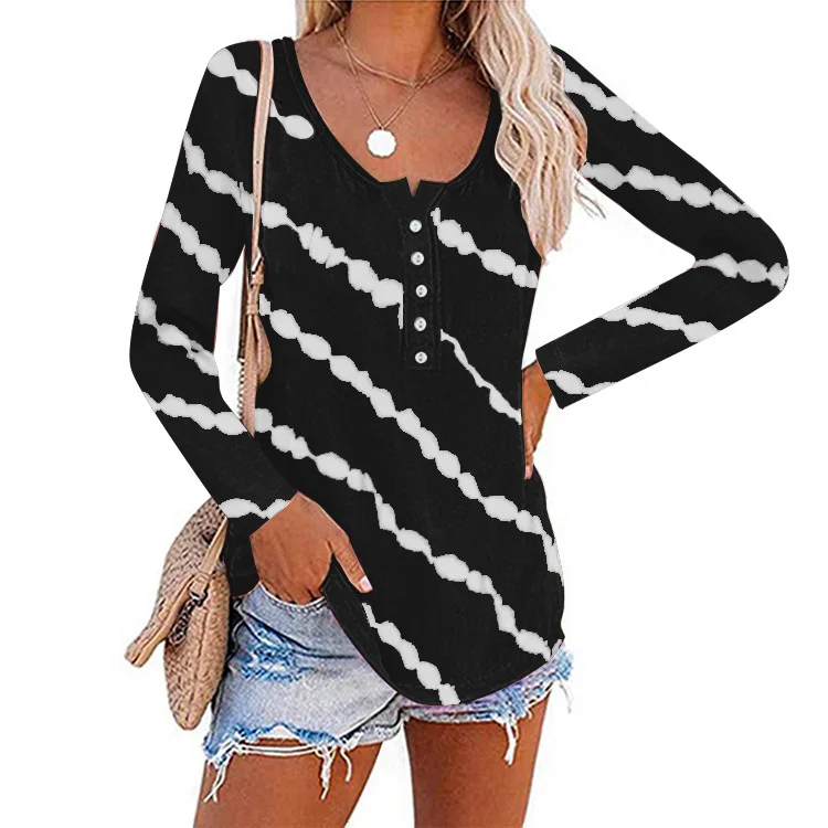 

2021 Autumn And Winter New Women's T-shirt Tops Chic Striped Printing Round Neck T-shirt Loose Wm*