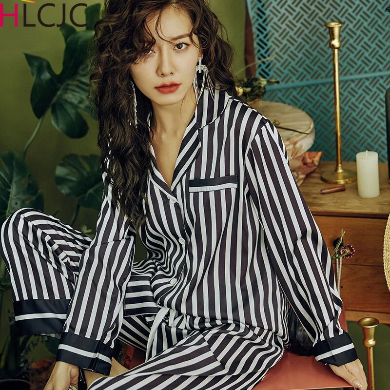 Женский пижамный комплект из 2 предметов шелковая пижама в полоску для сна женщин