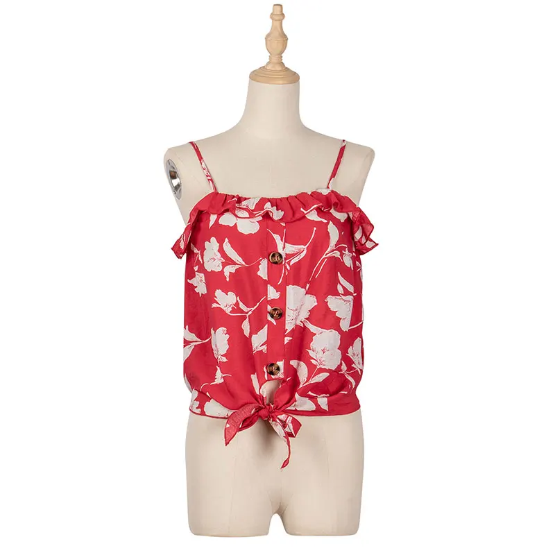 

2021 New Holiday Style Floral Top Women Casual Spring Summer Sling Blouse Ladies Bandage Button Pullover Tops