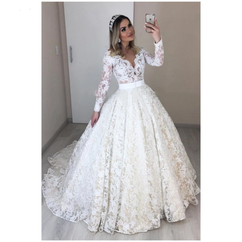 

Full Lace Wedding Dress Ball Gown Long Sleeve V Neck Princess Bridal Gown with Belt Vestido de noiva Classic Design 2020