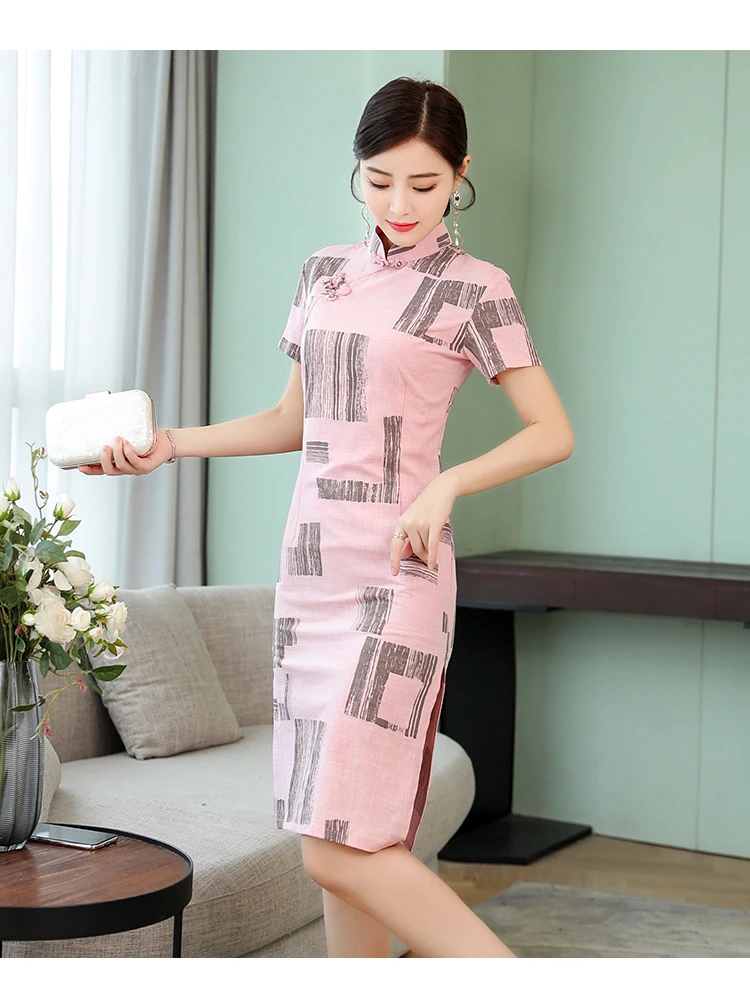 Улучшенное розовое хлопковое и льняное платье cheongsam Новая мода ретро элегантное тонкое платье в китайском стиле