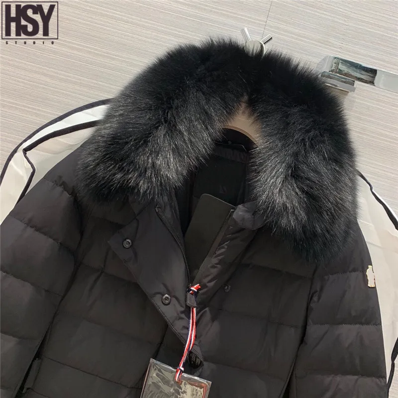 【HSY】 Осень Зима женский пуховик Белый Лисий меховой воротник 90% белый гусиный пух уличная Лыжная Талия пуховик черный/whi
