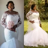 vintage plus size mermaid wedding dresses sheer neck full lace long illusion sleeves court train wedding bridal gowns 2022