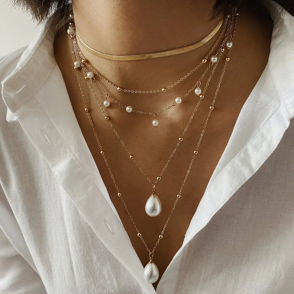 Многослойные Бусины Груша ожерелья Золото Цвет ожерелье для женщин сплав