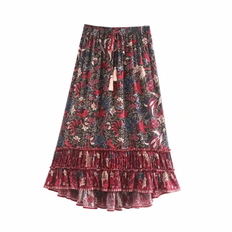 red Boho Chic, Женская пляжная плиссированная юбка хиппи с цветочным принтом и птицами, высокая эластичная талия, макси-юбка трапециевидной формы для женщин - Цвет: red