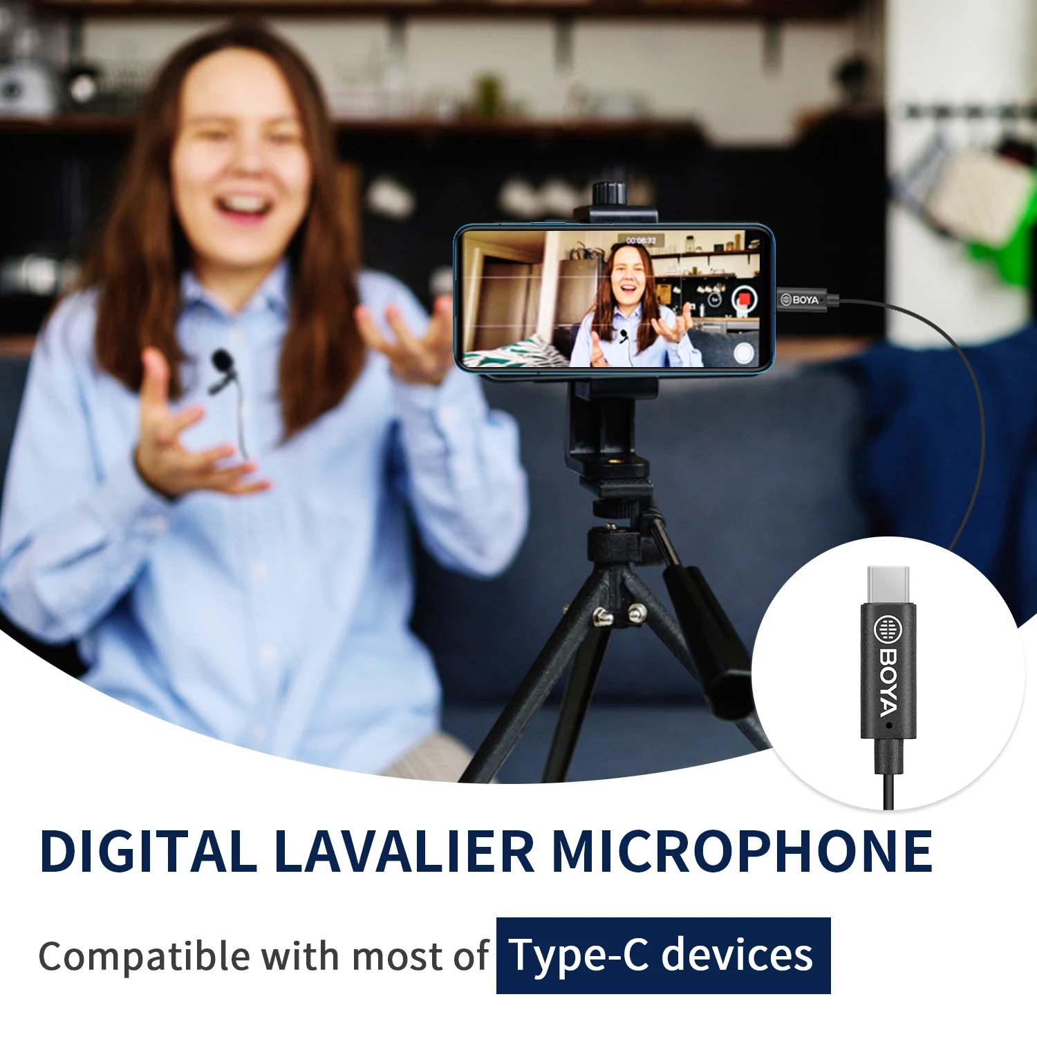 BOYA BY-M3 Digital Lavalier Lapel Microphone mini Mic Omnidirectional Single Head 6m Cable Compatible with USB Type-C Interface |