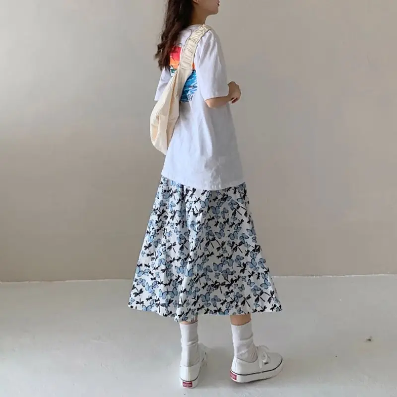 

Butterfly floral skirt female student summer new Korean mid length skirt versatile slim high waist A-line skirt