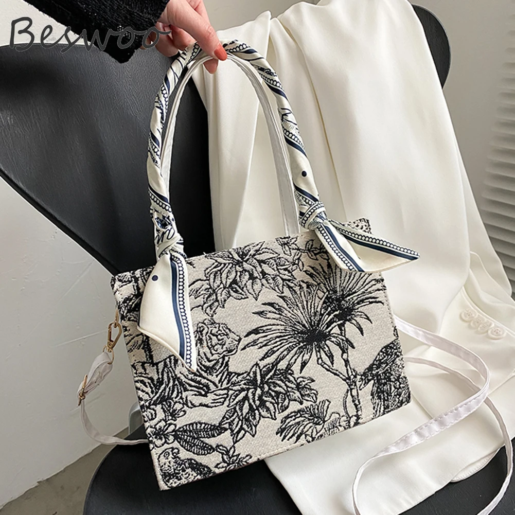 

2021 Canvas Women's Bag Embroidery Scrawl Handbags Luxury Tote Bags Ladies Silk Scarf Designer Female Crossbody Bag Shoulder Bag