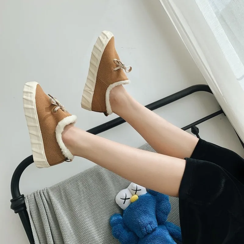 Осенне-зимние женские теплые хлопковые туфли с бантиком и помпоном короткие