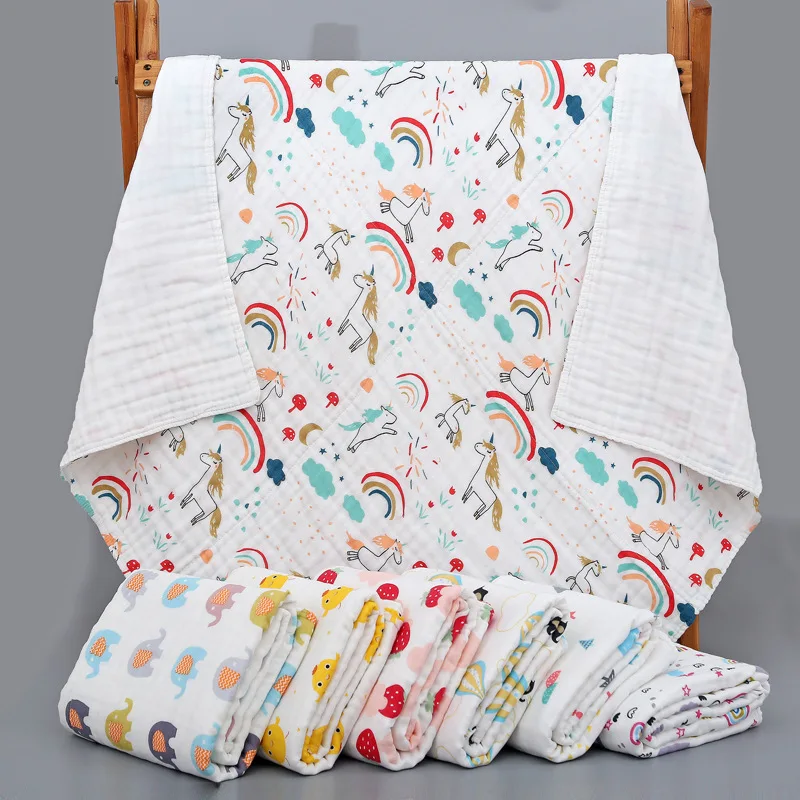 

Newborn Cartoon Printing Multi-Layer High Quality Cotton Gauze Blanket Easy To Clean Seersucker Stroller Swaddle Infant Wrap