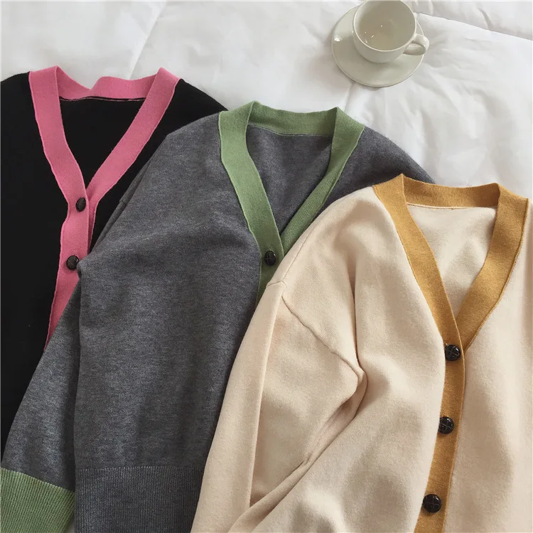 

Autumn Winter New Knitted Sweaters Women Korean Casual Cardigan Coat Single-Breasted V Neck Knit Cardigan Loose Sweater Coat