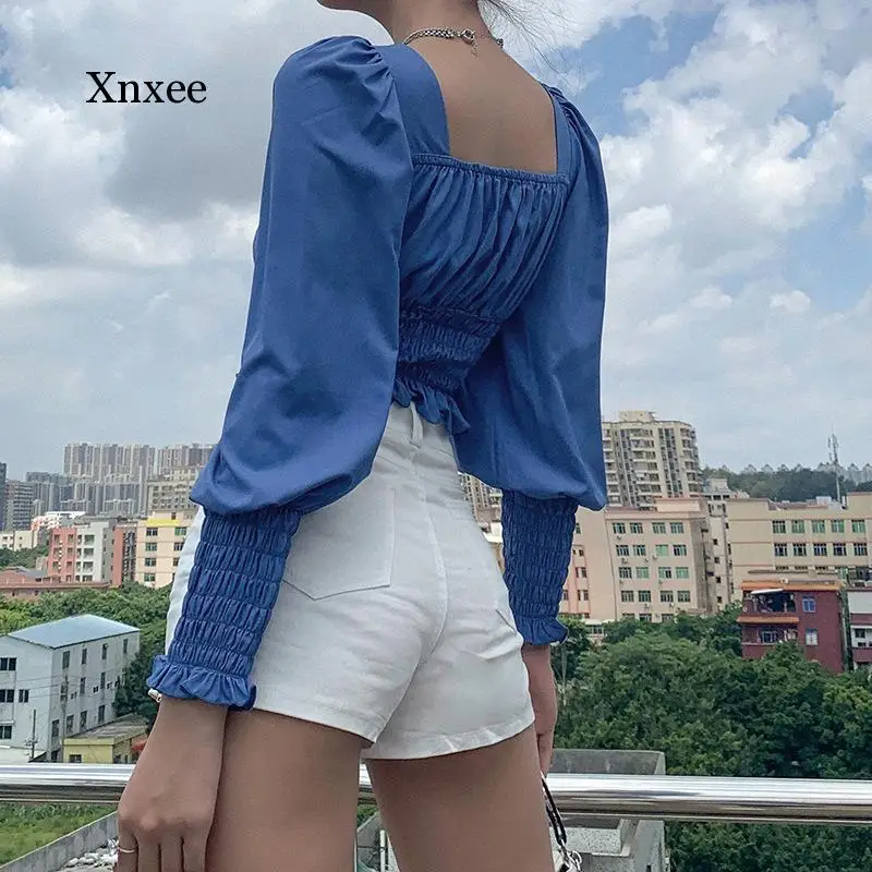 

Summer Fashion Ruffle Long Sleeve T-Shirt Women Solid Slim Square Neck Crop Top Ladies Street Casual Clothing New Clothing