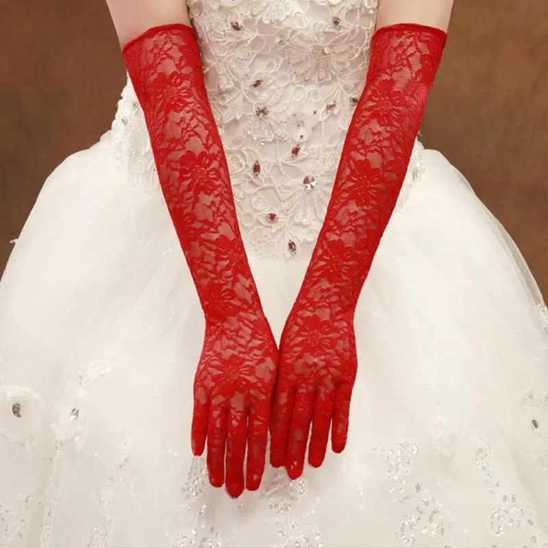 

2021 Women Hollow Out Crochet Floral Lace Long Wedding Gloves Solid Color Elbow Length Bridal Prom Party Full Finger Mittens