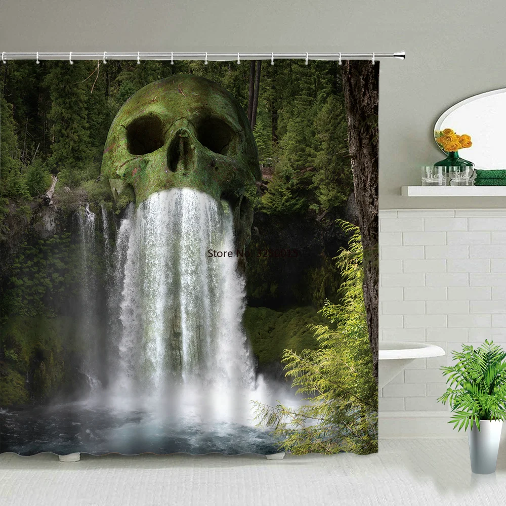 

Bathroom Decor Waterfall Swan Flower Forest Landscape Shower Curtains Tree Plant Scenery Waterproof Cloth Bath Curtain with Hook