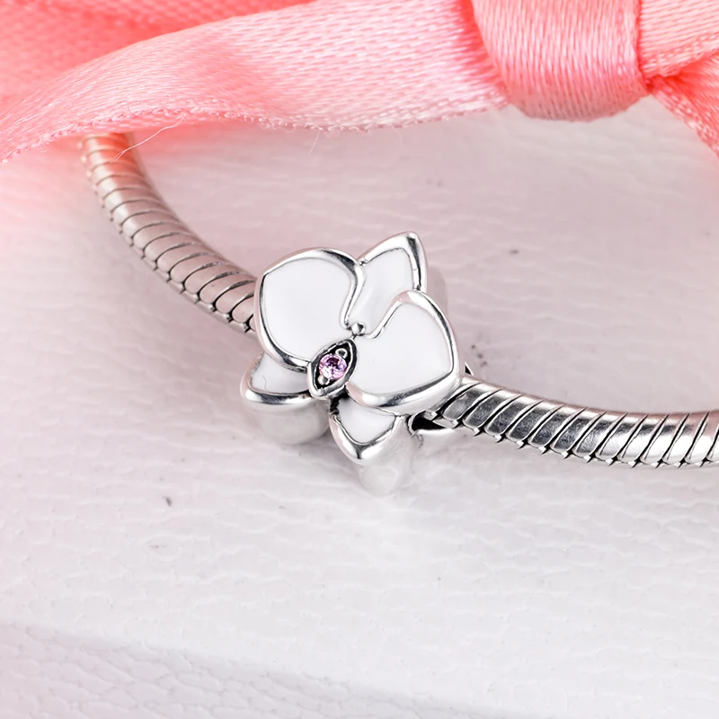 Fits for Pandora Charms Bracelets 100% 925 Sterling-Silver-Jewelry Orchid Beads with White Enamel Free Shipping | Украшения и