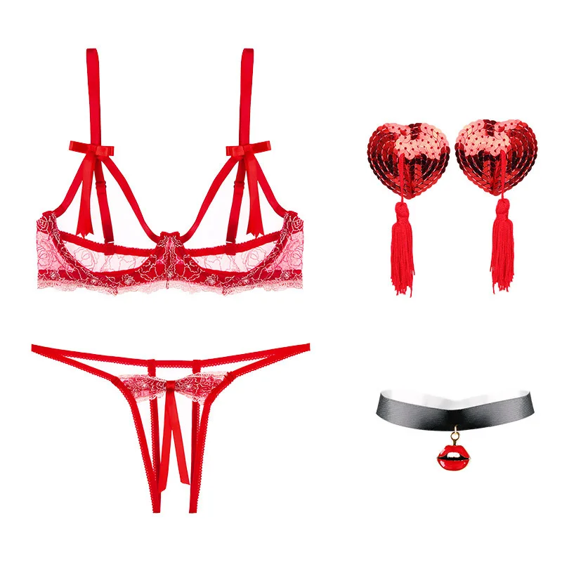 Красный кружевной бюстгальтер с вышивкой комплект нижнего белья сексуальное