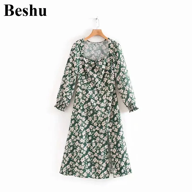 Za 2019 винтажное Сексуальное Женское платье с длинным рукавом миди цветочным