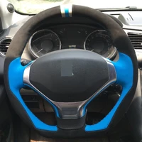 new pattern blue leather black suede diy hand stitched car steering wheel cover for peugeot 3008 2013 2015