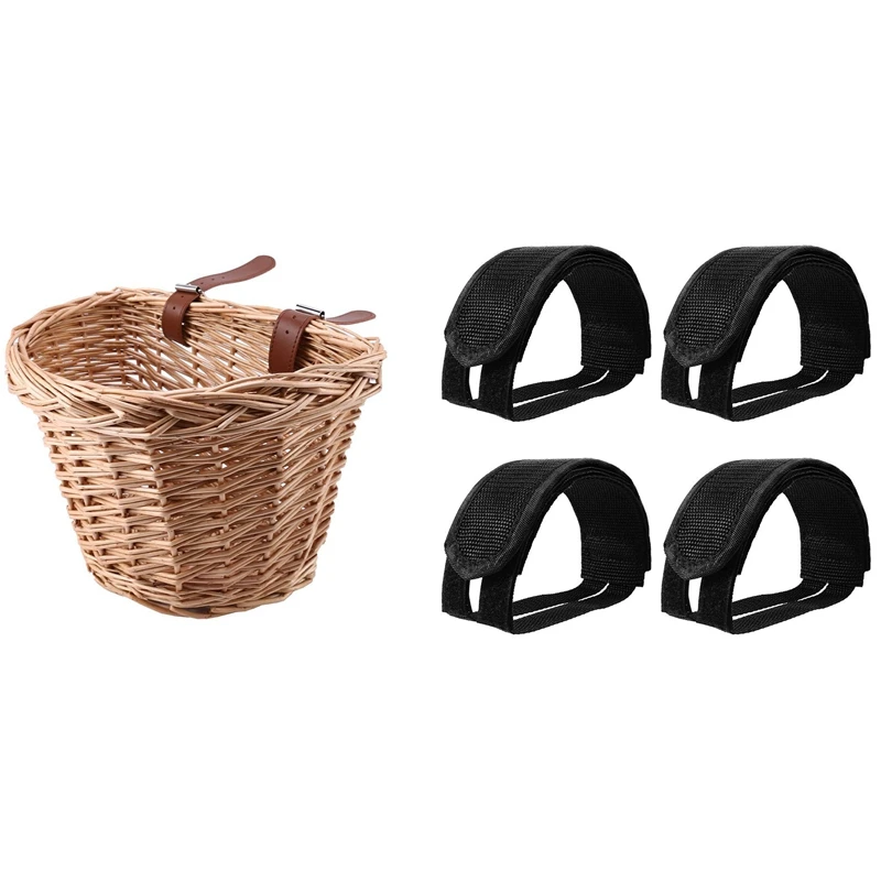 

4 Pcs Bicycle Feet Strap Pedal Toe Clips Straps Tape & 1 Pcs Children's Rattan Bicycle Baskets Bike Scooter Basket