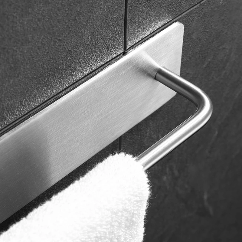 

E7CB Self-Adhesive Brushed Finish Stainless Steel Towel Bar Rack with Hook Hand Bath Towel Holder Storage Organizer for Bathroom