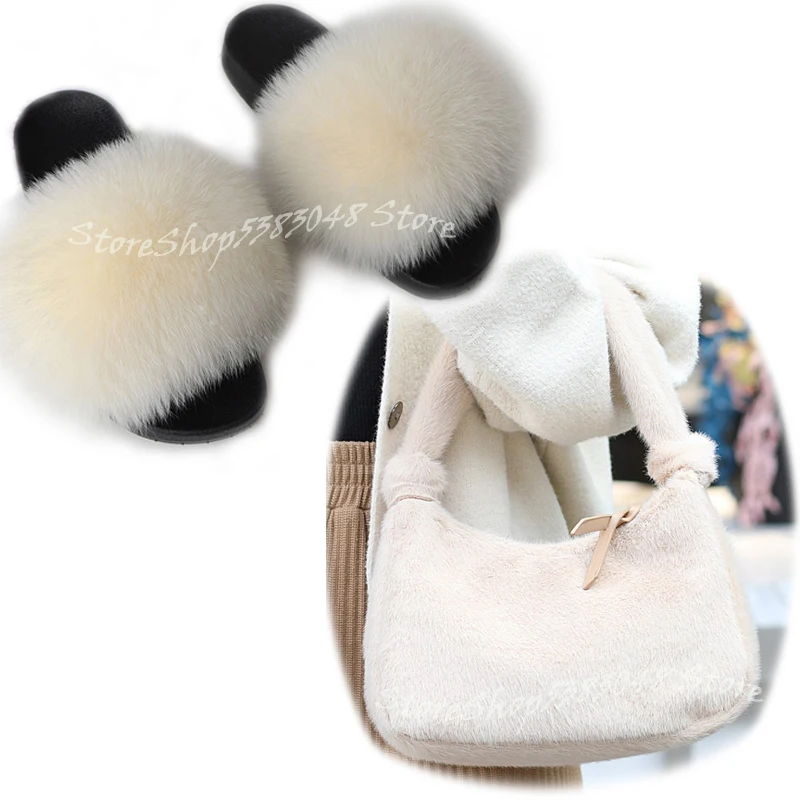 Тапки женские из натурального Лисьего меха пушистые плюшевые меховые сланцы