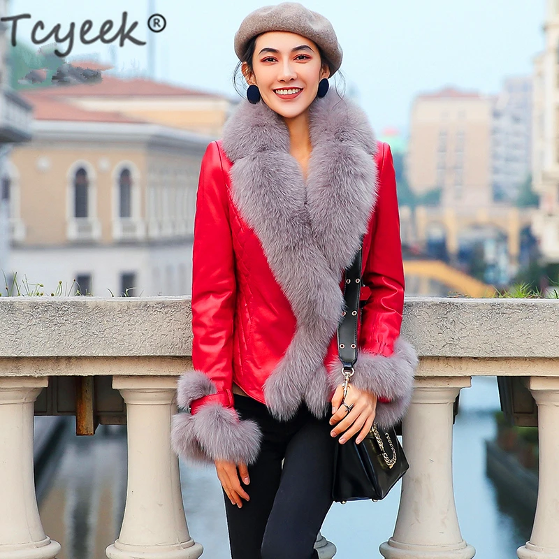 

Tcyeek Genuine Leather Jacket Real Sheepskin Coat Female Winter Down Jacket Women Real Fox Fur Collar Warm Short Jackets D88-36